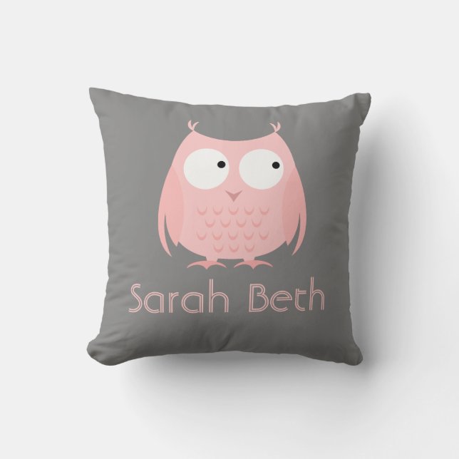Cute Owl Pillow, Grey & Pink, Add Name Cushion (Front)