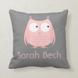 Cute Owl Pillow, Grey & Pink, Add Name Cushion