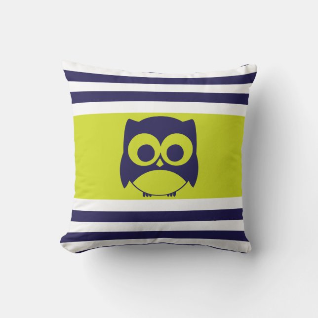 Cute Owl Pillow | Navy Blue Lime Green (Front)