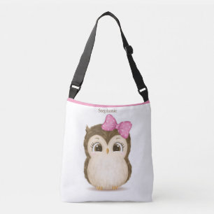 Cute Owl Pink Bow Girly Watercolor Name Crossbody Bag