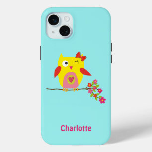 Cute Owl Pink Flowers Kids Personalised Name iPhone 15 Mini Case
