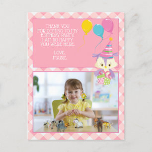 Cute Owl Pink Gingham Child's Birthday Thank You Postcard