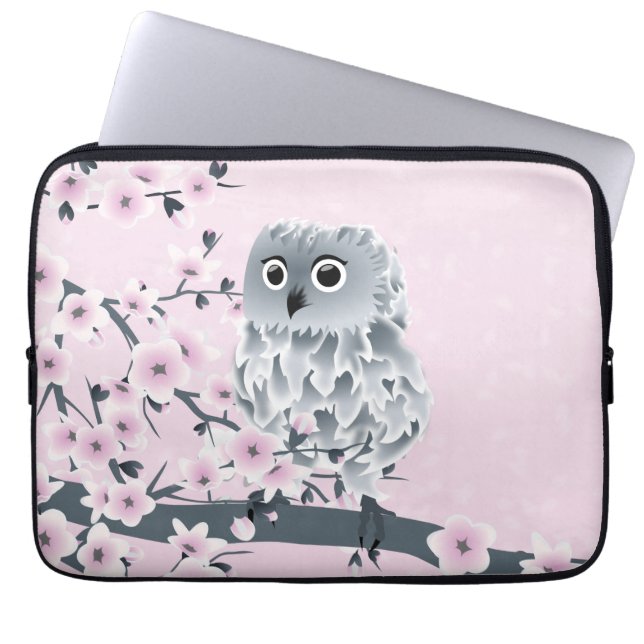 Cute Owl Pink Grey Laptop Sleeve (Front)