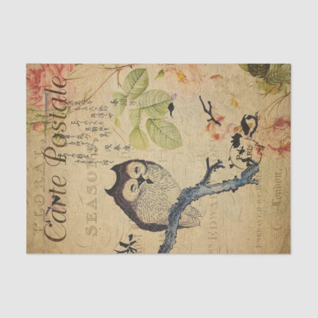 Cute Owl Pink Roses French Ephemera Decoupage  Tis Tissue Paper (Front)