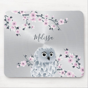 Cute Owl Pink Silver Monogram Mouse Pad