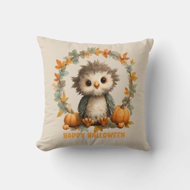 Cute Owl Pumpkin Happy Halloween Design Cushion (Front)