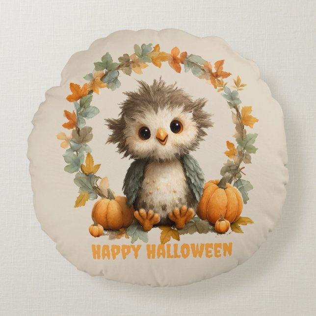 Cute Owl Pumpkin Happy Halloween Design Round Cushion (Front)