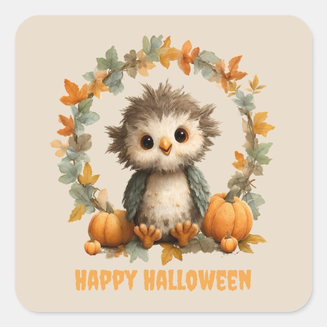 Cute Owl Pumpkin Happy Halloween Design Square Sticker (Front)