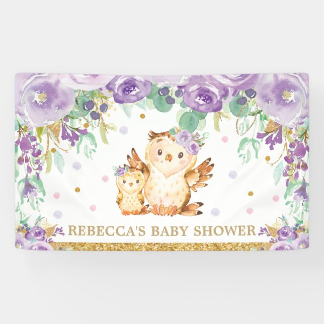 Cute Owl Purple Floral Baby Shower Backdrop Banner (Horizontal)