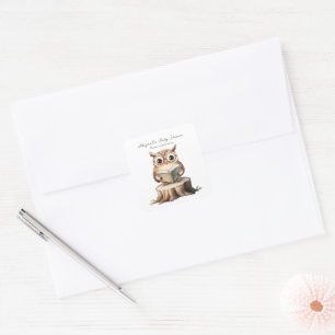 Cute Owl Reading a Book Baby Shower Square Sticker
