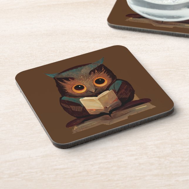 Cute Owl Reading a Book Coaster (Left Side)