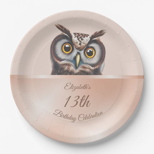Cute Owl Rose Gold | Custom Birthday Paper Plates (Front)