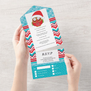 Cute owl Santa hat year end business function All In One Invitation