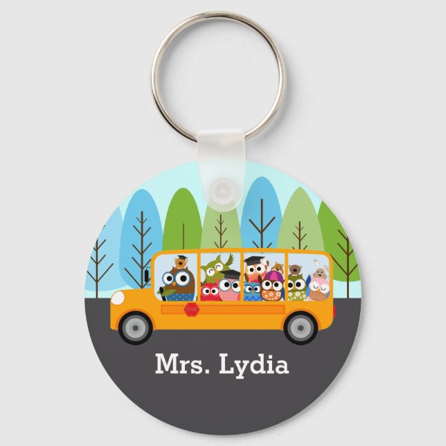 Cute Owl School Bus Driver Key Ring (Front)