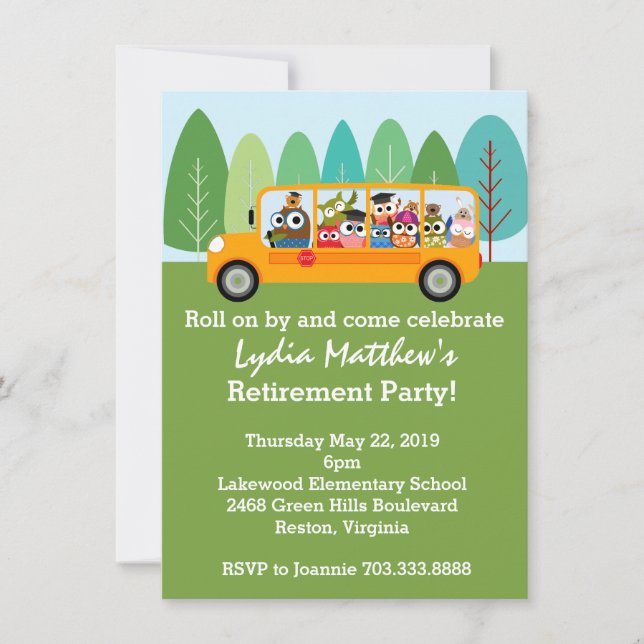 Cute Owl School Bus Driver Retirement Party Invitation (Front)