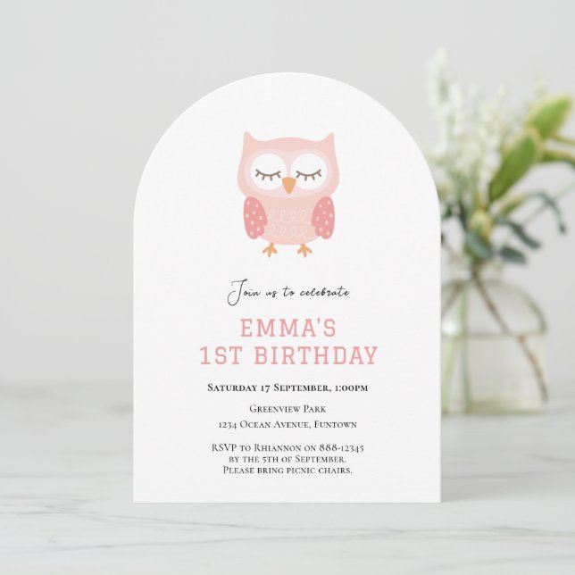 Cute Owl simple first birthday invitation (Standing Front)