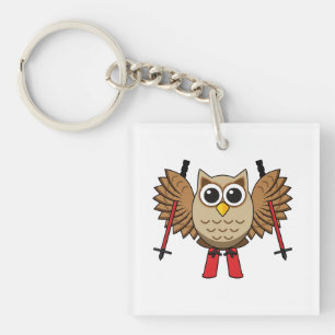 Cute Owl Skiing Cartoon Key Ring