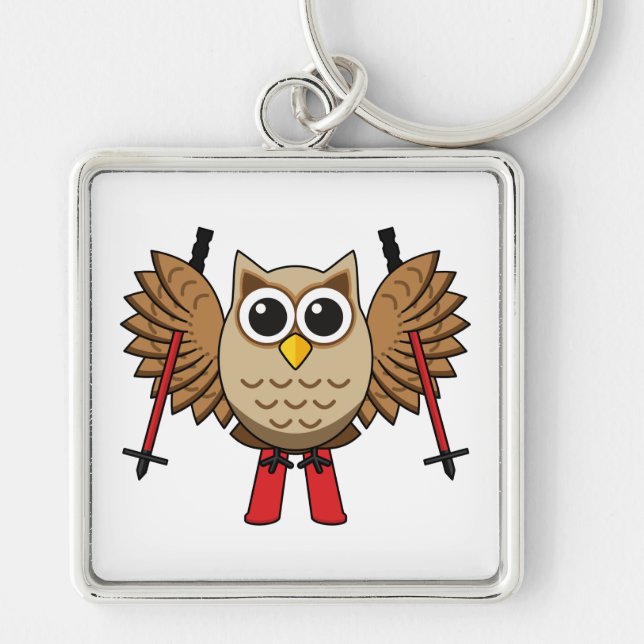 Cute Owl Skiing Cartoon Key Ring (Front)