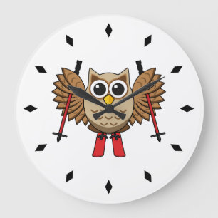 Cute Owl Skiing Cartoon Large Clock