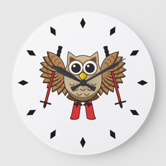 Cute Owl Skiing Cartoon Large Clock (Front)