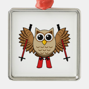 Cute Owl Skiing Cartoon Metal Ornament