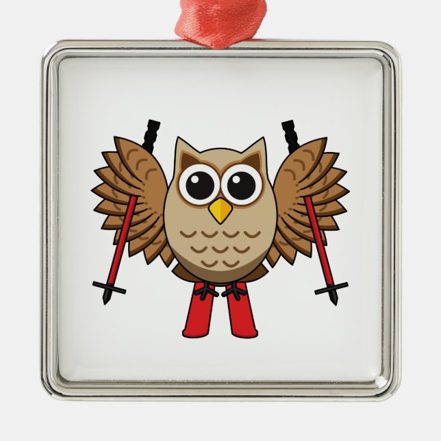 Cute Owl Skiing Cartoon Metal Ornament (Front)
