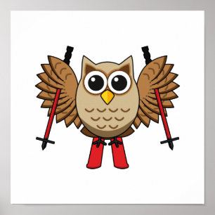 Cute Owl Skiing Cartoon Poster