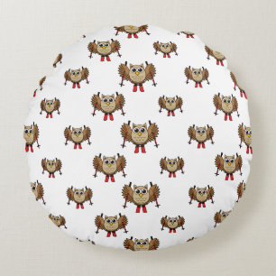 Cute Owl Skiing Cartoon Round Cushion