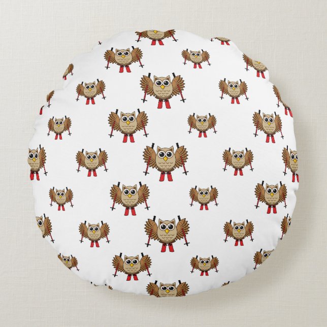 Cute Owl Skiing Cartoon Round Cushion (Front)
