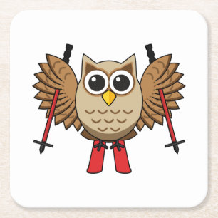 Cute Owl Skiing Cartoon Square Paper Coaster