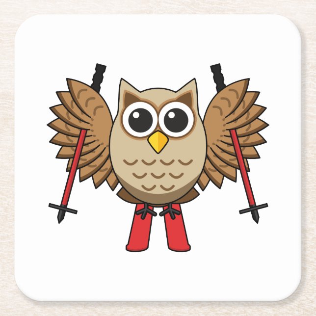 Cute Owl Skiing Cartoon Square Paper Coaster (Front)