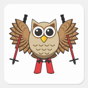 Cute Owl Skiing Cartoon Square Sticker