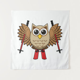 Cute Owl Skiing Cartoon Tapestry