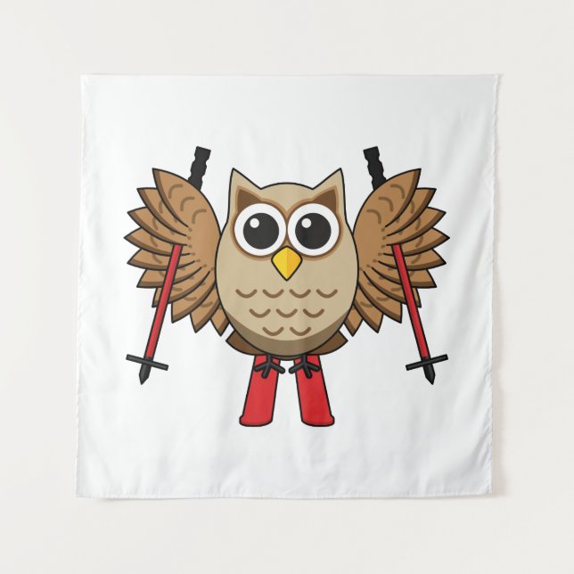 Cute Owl Skiing Cartoon Tapestry (Front)