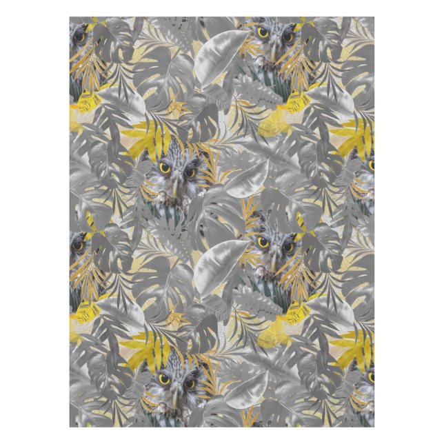 Cute owl - sparkling eyes & Grey yellow leaves Tablecloth (Front)