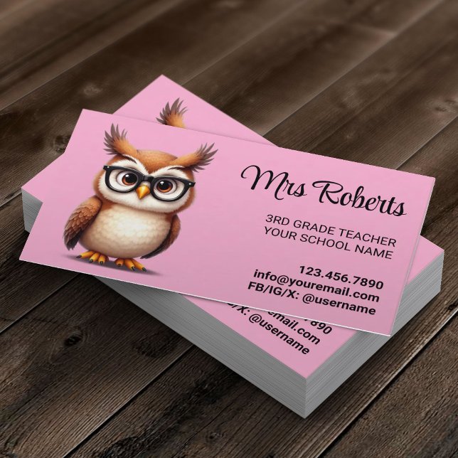 Cute Owl Teacher Educator Pastel Pink Business Card (Creator Uploaded)