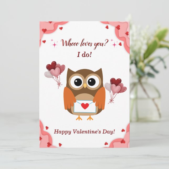Cute Owl Valentines Day Card for Kids (Standing Front)