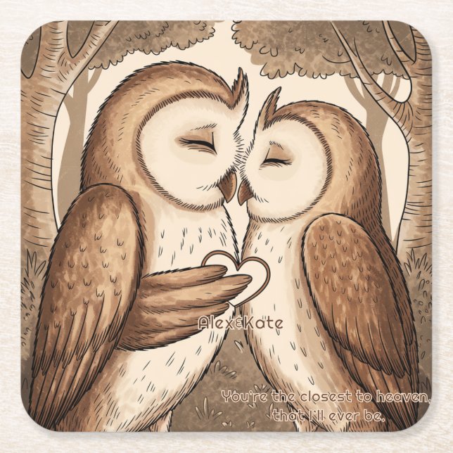 Cute Owl Valentine's Day Square Paper Coaster (Front)