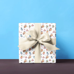 Cute Owl Watercolor Pattern   White Wrapping Paper