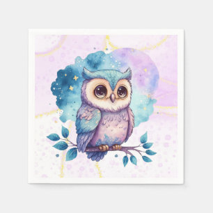 Cute Owl Watercolor Splash Girl Baby Shower Napkin