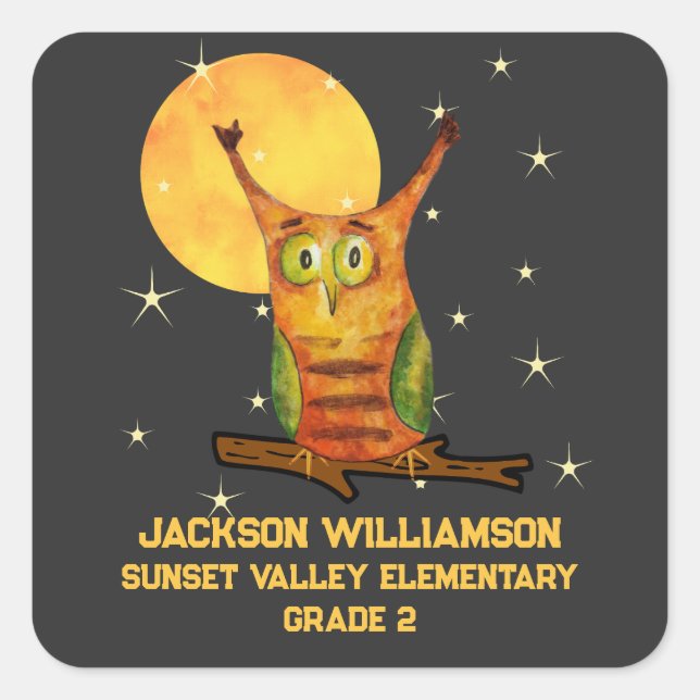 Cute Owl Watercolor Style School Name Year Square Sticker (Front)