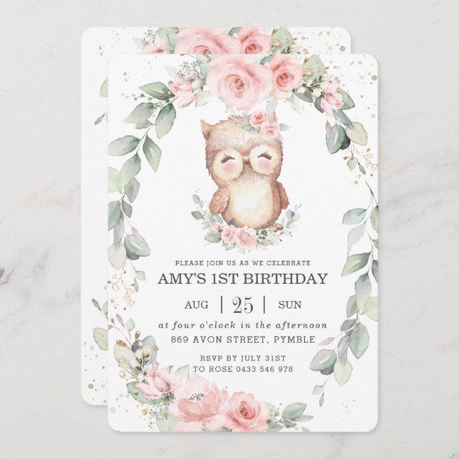 Cute Owl Whimsical Pink Floral Greenery Birthday  Invitation (Front/Back)