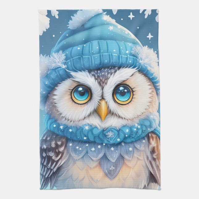 Cute owl with a blue hat illustration tea towel (Vertical)
