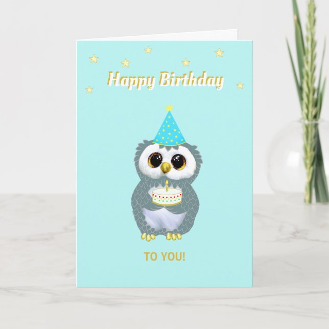 Cute Owl with Birthday Cake and Stars on Teal Card (Front)