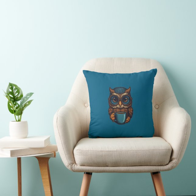 “Cute Owl with Coffee Cup” Funny Design Cushion (Chair)