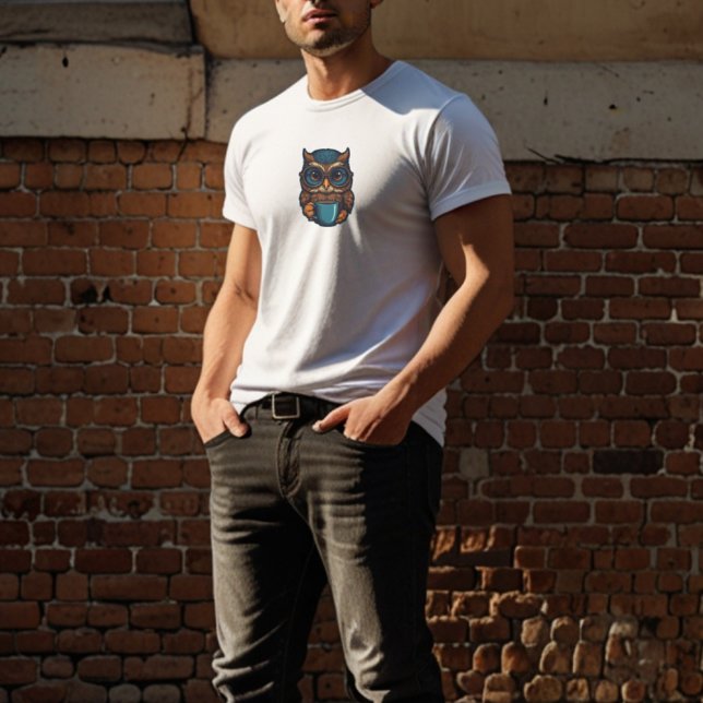 “Cute Owl with Coffee Cup” Funny Design T-Shirt (Creator Uploaded)