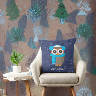Cute Owl with Ear Muffs and Scarf on Blue Cushion