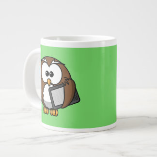 Cute Owl with Ereader Tablet with Green Background Large Coffee Mug