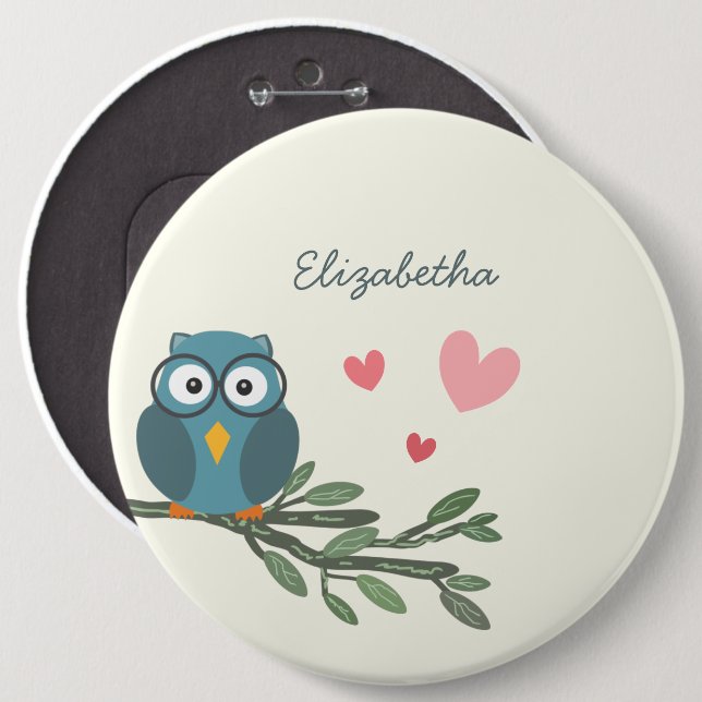 Cute Owl with eyeglasses on a branch custom name 6 Cm Round Badge (Front & Back)