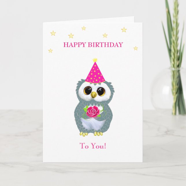 Cute Owl with Flower & Birthday Wishes on White Card (Front)